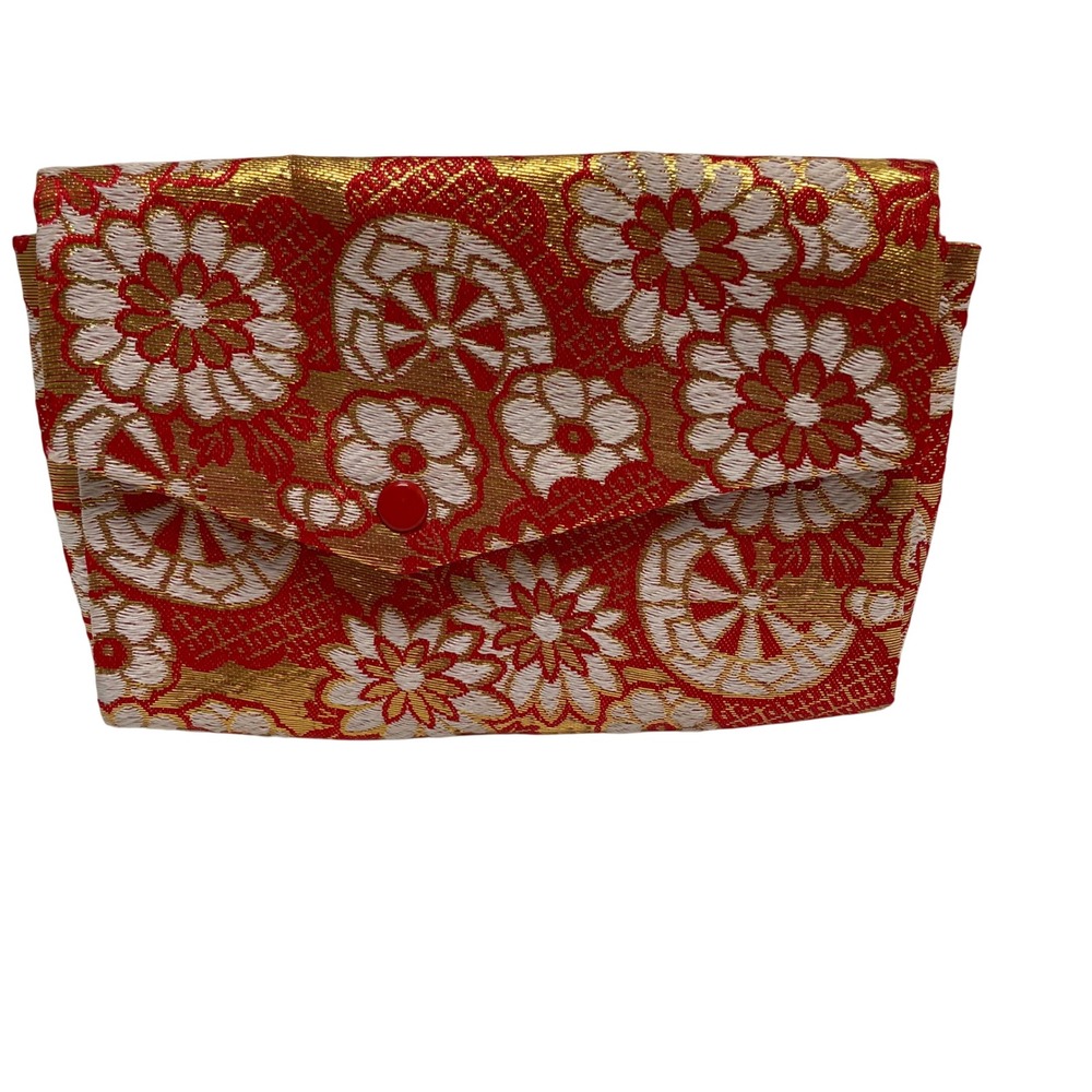 Vintage Taiyo Pearls Tokyo Red Gold Brocade Jewelry Pouch Snap Case Japan